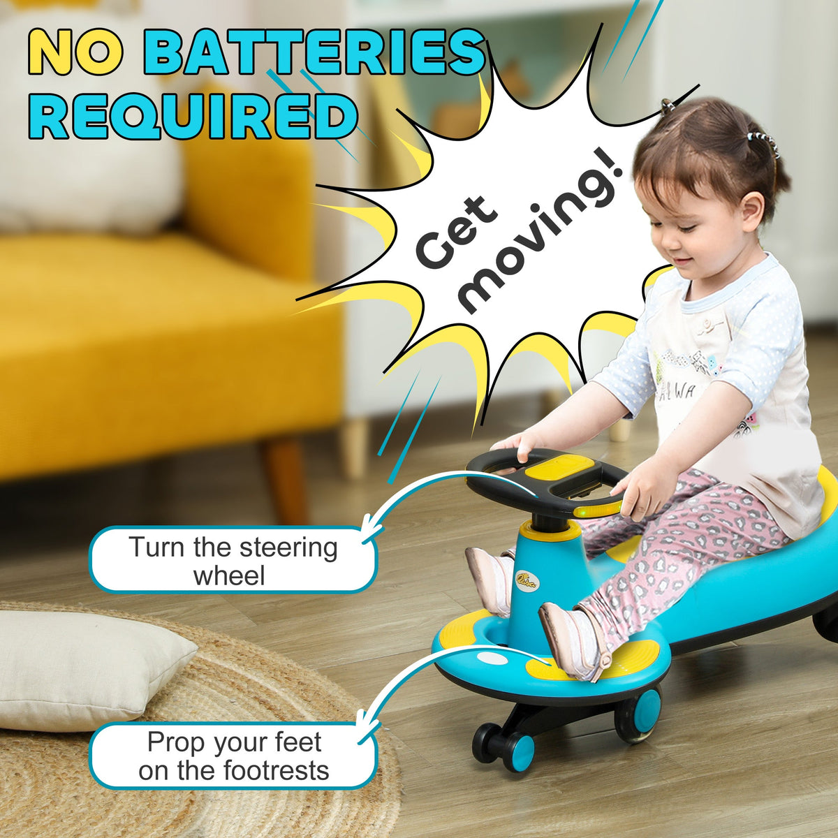 Kids Wiggle Car w/ Parent Traction Rope, Music, Light, Blue