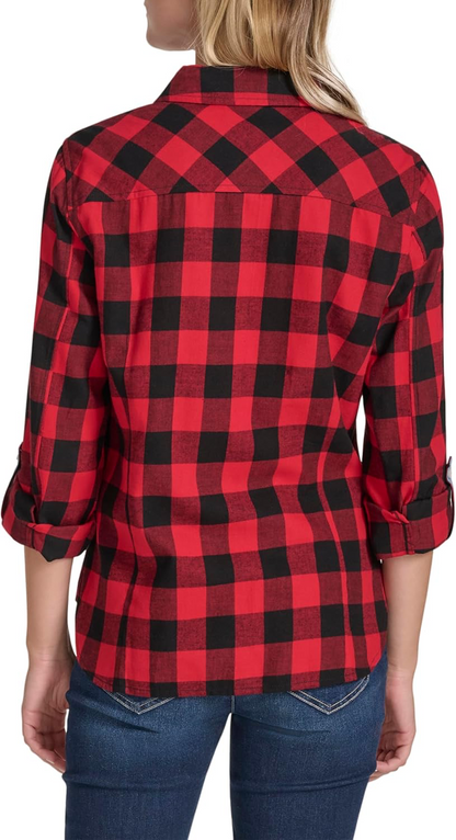 Nautica Jeans Women's Lake Check Roll-Tab-Sleeve Button-Up Shirt