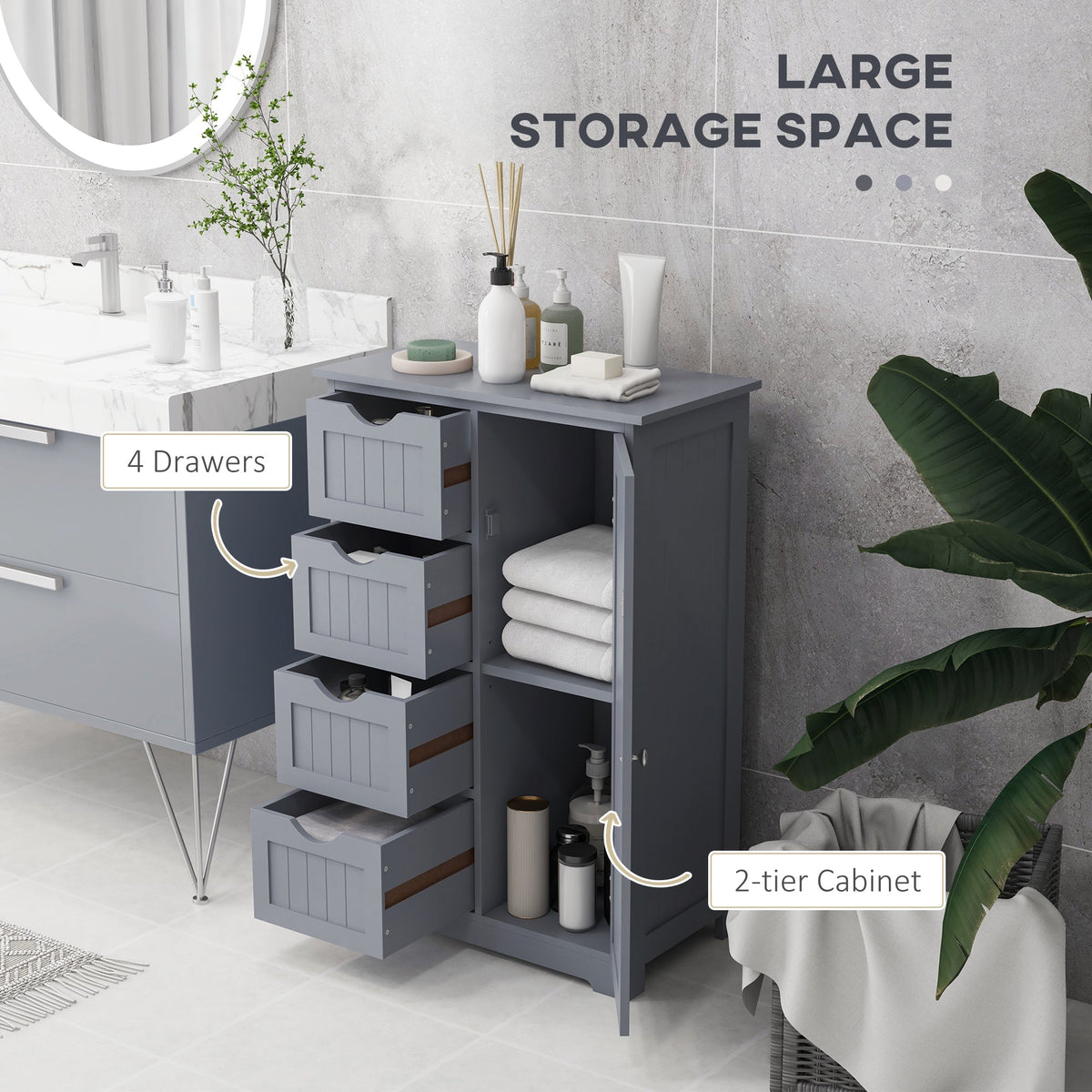 Bathroom Storage Cabinet, Floor Cabinet with Adjustable Shelf and 4 Drawers, Side Cabinet for Washroom, White