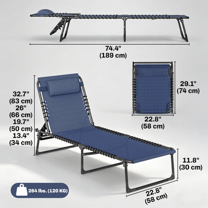 Folding Lounge Chair, Adjustable Chaise Lounge with Headrest, Reclining Lounger Cot for Camping, Hiking, Dark Blue