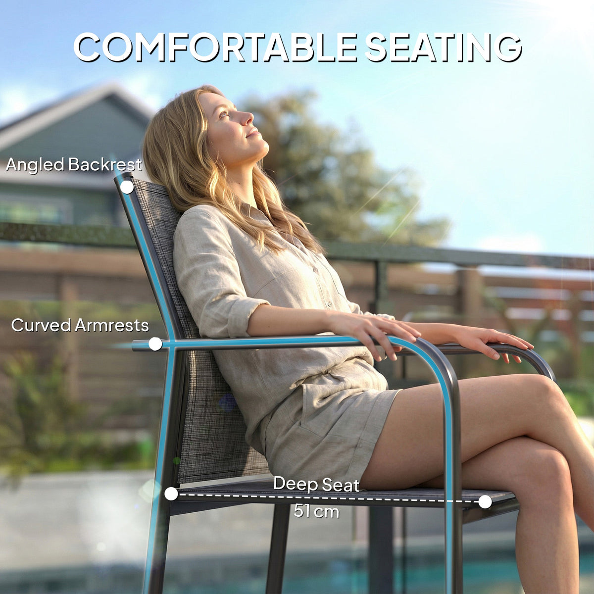 Stackable Patio Chairs Set of 4, Outdoor Dining Chairs with 20" Deep Seat, All Weather Breathable Mesh, Armrests, Black