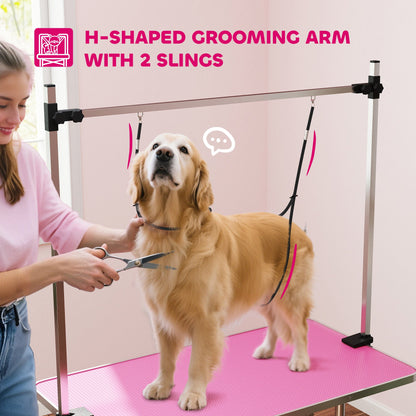 Adjustable Dog Grooming Table with 2 Safety Slings, Storage Basket, Black