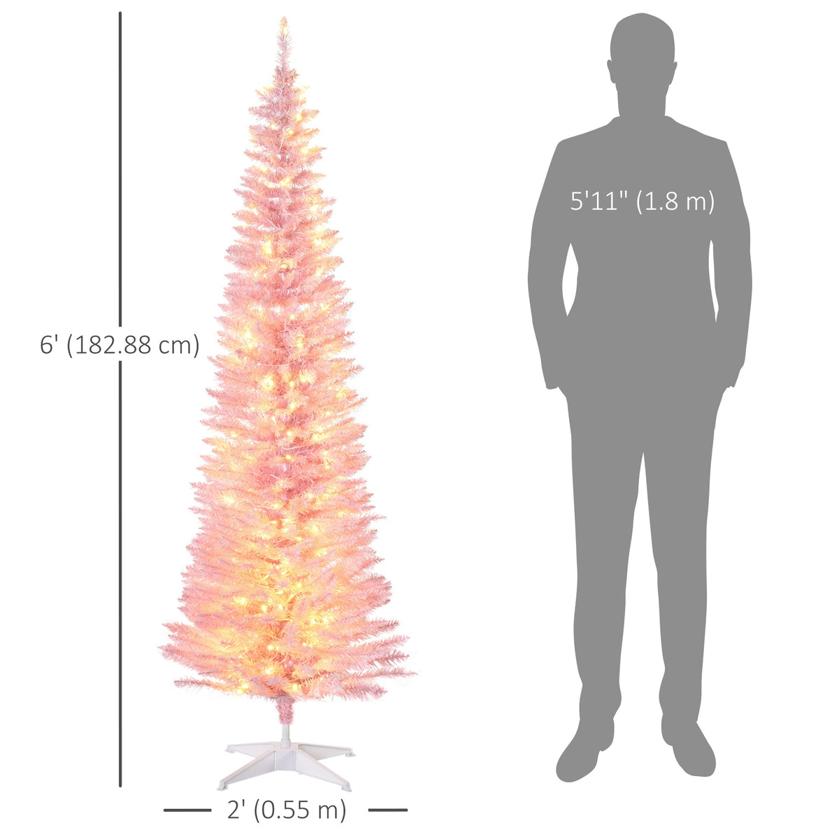 6' Pre Lit Artificial Pencil Christmas Trees, Xmas Tree with Realistic Branches and Warm White LED Lights, Green