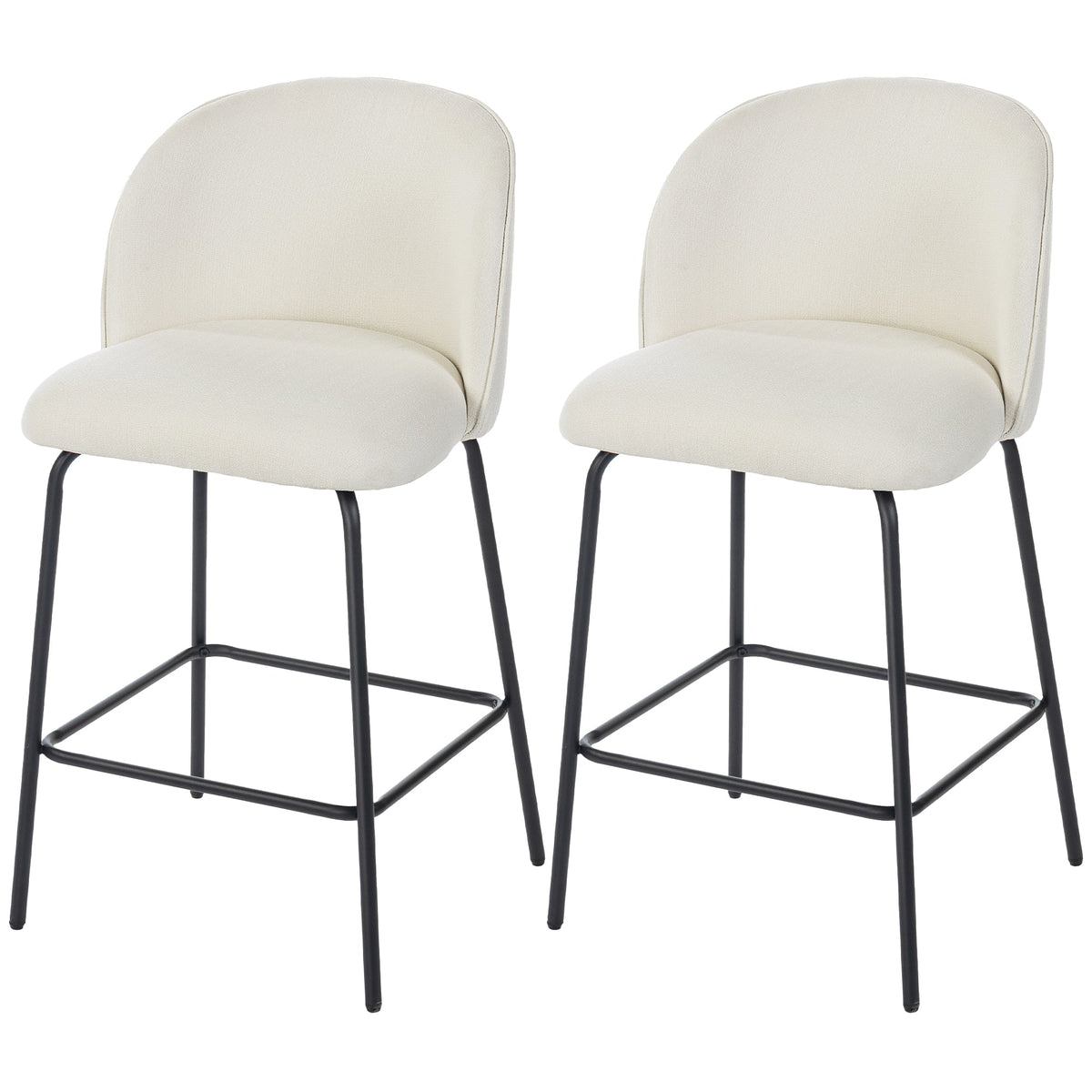 Set of 2 Counter Height Barstools, Upholstered Linen Bar Stools with Backrest, Footrest and Steel Legs, Dark Grey