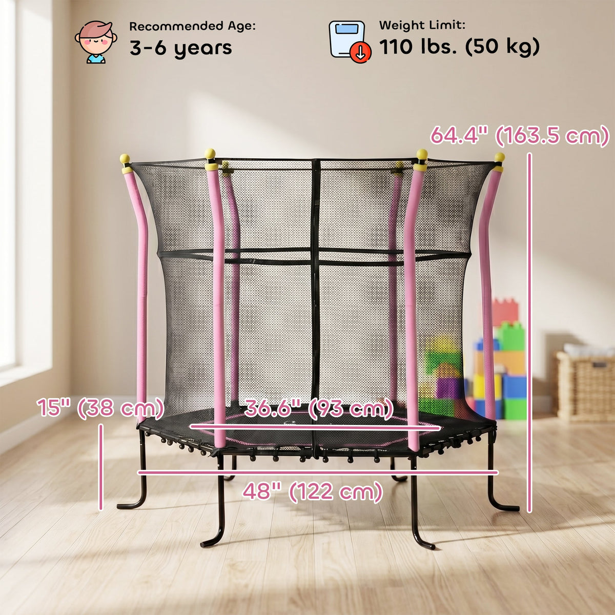 63" Kids Trampoline Mini Indoor Bouncer Jumper with Enclosure Net Elastic Thick Padded Pole Gift for Child Toddler Age 3-6 Years Old Blue