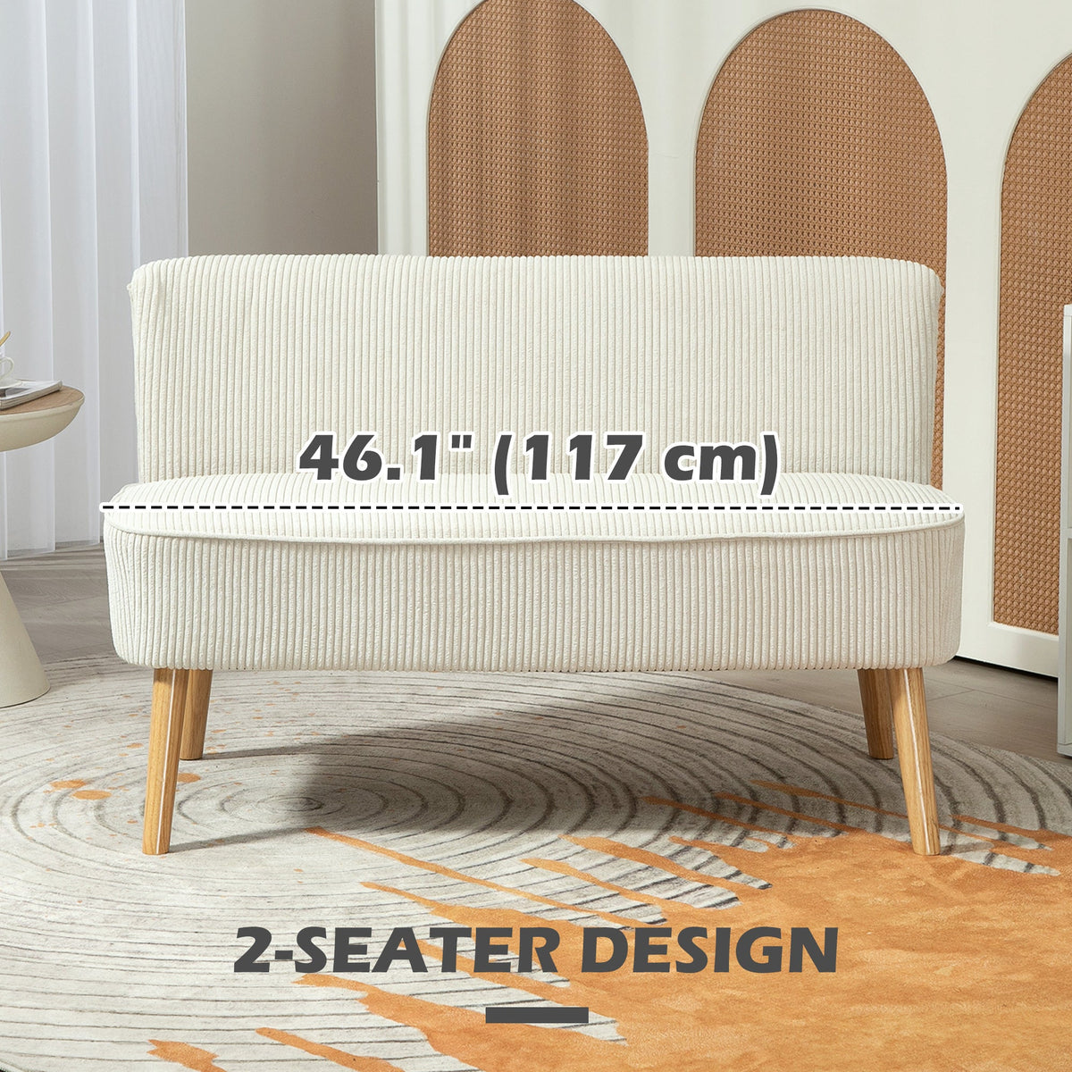 Modern 2 Seater Sofa, Upholstered Two Seater Couch with Rubber Wood Legs, Cream White