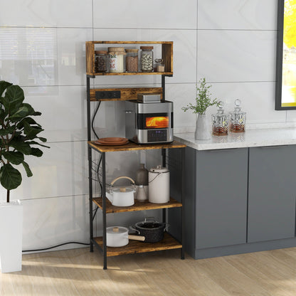 Baker's Rack with Charing Station, Microwave Shelf with Power Outlet, USB Charger and 5 Hooks, Black