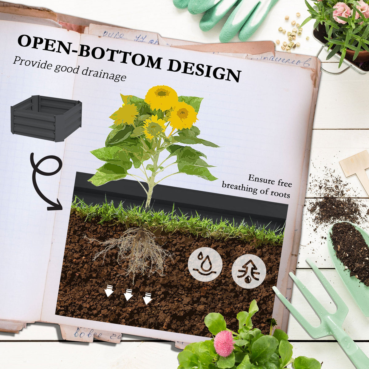 Galvanized Planter Box, Outdoor Raised Garden Bed with 3-Tier Trellis Tomato Cage for Climbing Vines, Vegetables, Brown