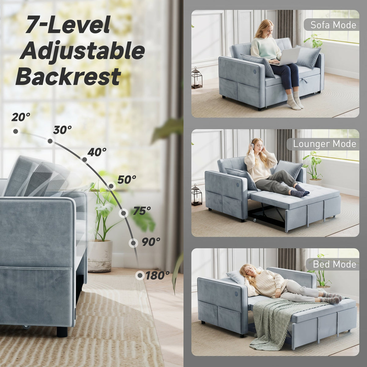 3‑in‑1 Convertible Sofa Bed, Pull Out Sleeper Sofa with USB Charging, Adjustable Backrest, Side Pockets, Beige