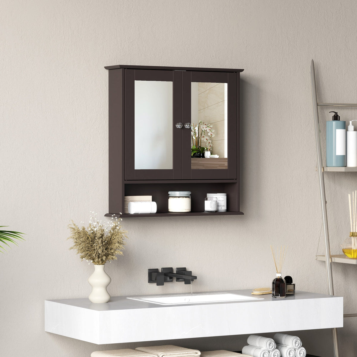 Medicine Cabinet, Wall-Mounted Bathroom Mirror Cabinet with Double Doors, Open Shelf, and Adjustable Shelf, Modern Bathroom Wall Cabinet, White