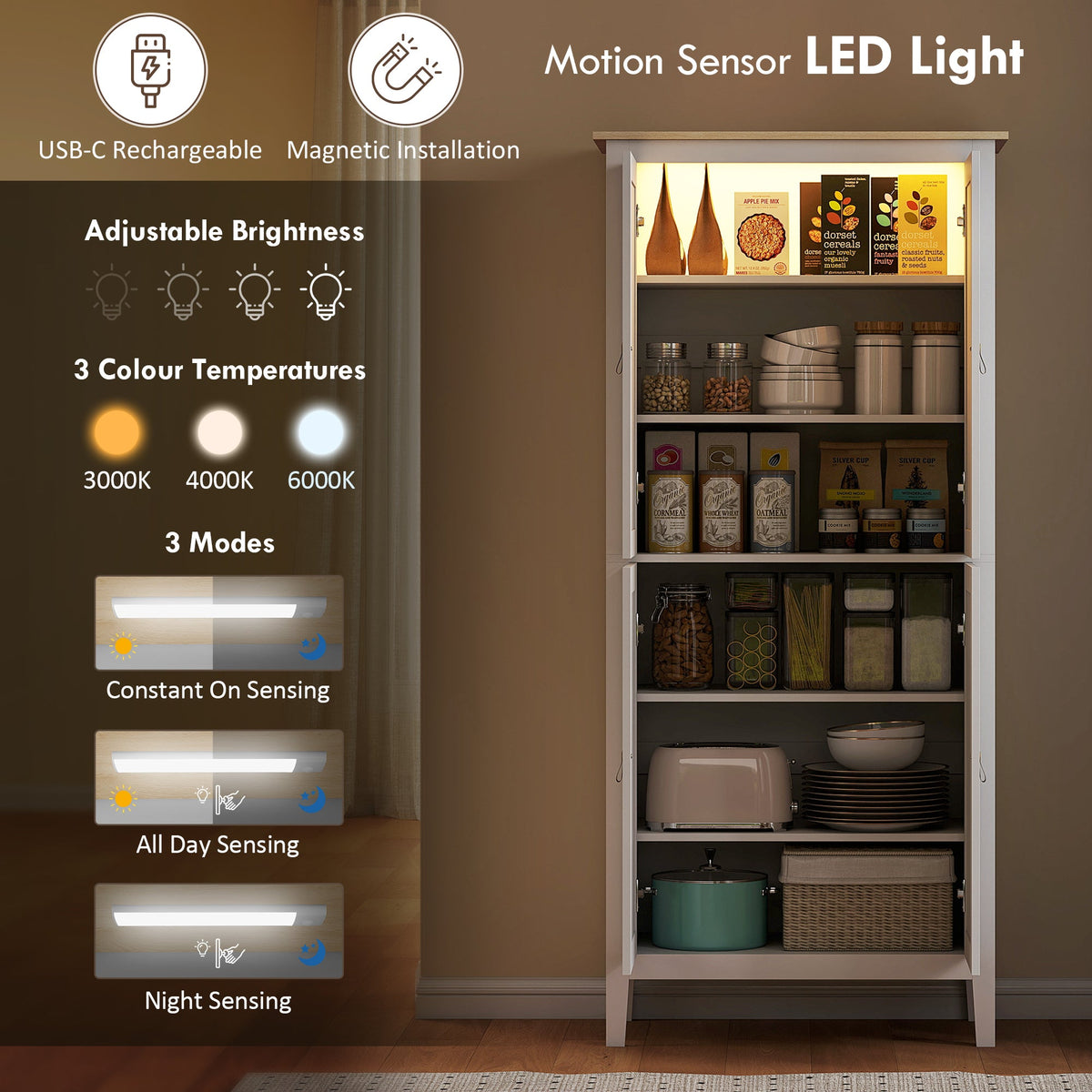 69.5" Tall Kitchen Pantry Storage Cabinet with Motion Sensor LED Light, Modern Kitchen Pantry Cabinet, Green