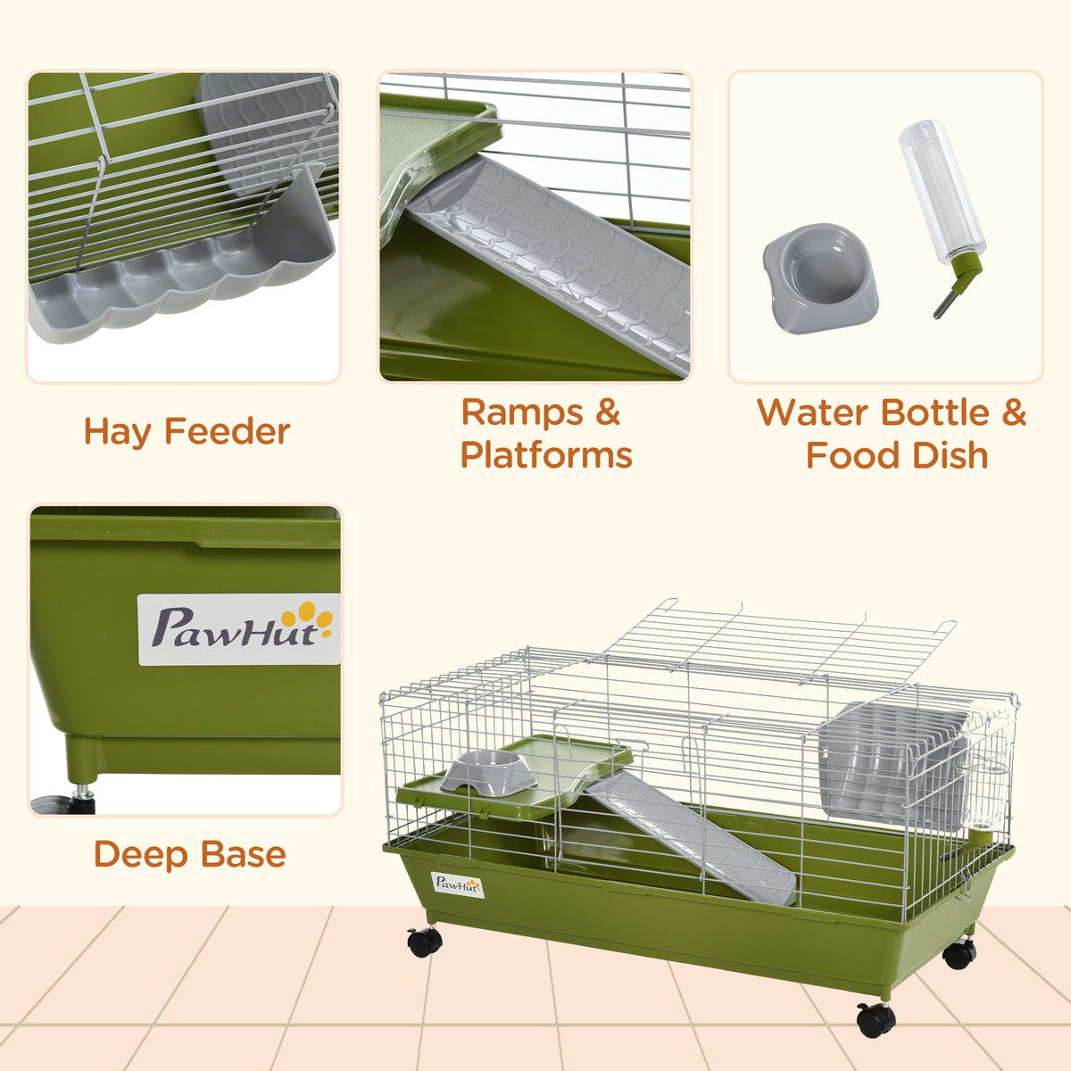 Small Animal Cage, Rolling Bunny Cage, Guinea Pig Cage with Food Dish, Water Bottle, Hay Feeder, Platform, Ramp, Black