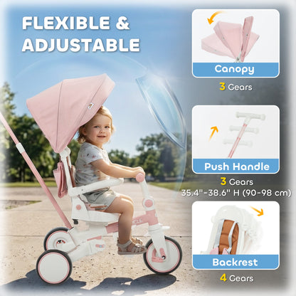 7 in 1 Toddler Tricycle with Safety Harness, Adjustable & Removable Parent Handle, Canopy, Storage Bag, Brake, Pink