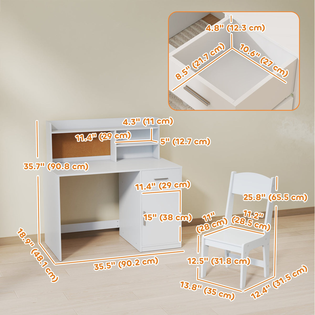Kids Desk and Chair Set, Kids Study Table and Chair Set with Storage Hutch, Drawer, Cabinet, Compartments, Cork Board
