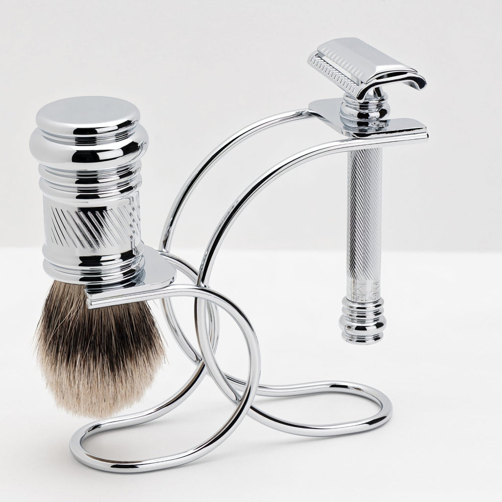 Merkur Shaving Set with MK-39001 Razor, Silver Tip Badger Brush and Curved 3-piece Stand, Chrome