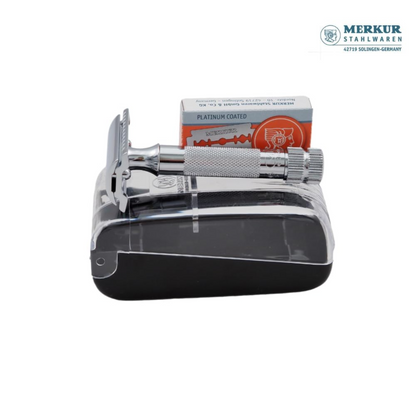 Merkur 34C 2-Piece DE Safety Razor, Closed Comb, Knurled Extra Thick Handle (HD), Chrome, in Hard Plastic Case with 10 Blades