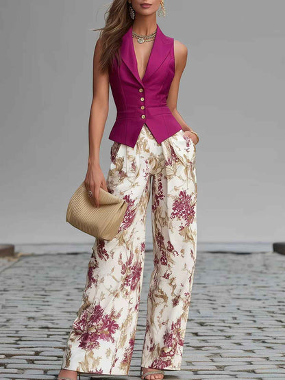 Elegant Buttoned Vest Top And Summer Slimming Wide-leg Pants Two-piece Set For Women