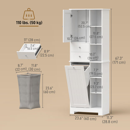 67" Tall Bathroom Storage Cabinet, Slim Bathroom Cabinet with Tilt-Out Laundry Basket, White