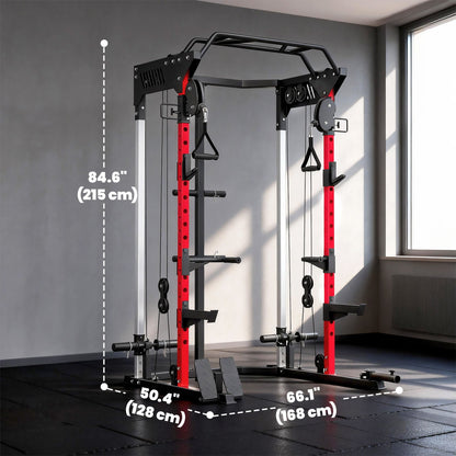 Power Cage, Power Rack with Adjustable Cable Pulley System, Pull-Up Bar, Dip Station, Landmine