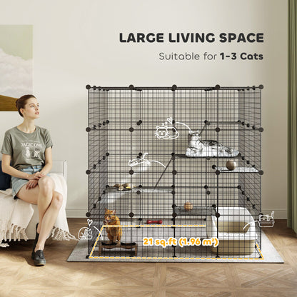 4 Tier DIY Cat Cage Indoor, Catio for 1-3 Cats with Hammock, 5 Doors, 3 Ramps, 3 Jumping Platforms, for 1-3 Cats, Black