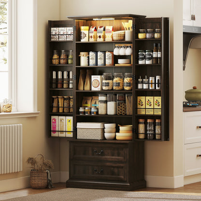 72" LED Kitchen Pantry Cabinet, Buffet Storage Cabinet with 10 Door Shelves, 2 Drawers and Adjustable Shelves, Black