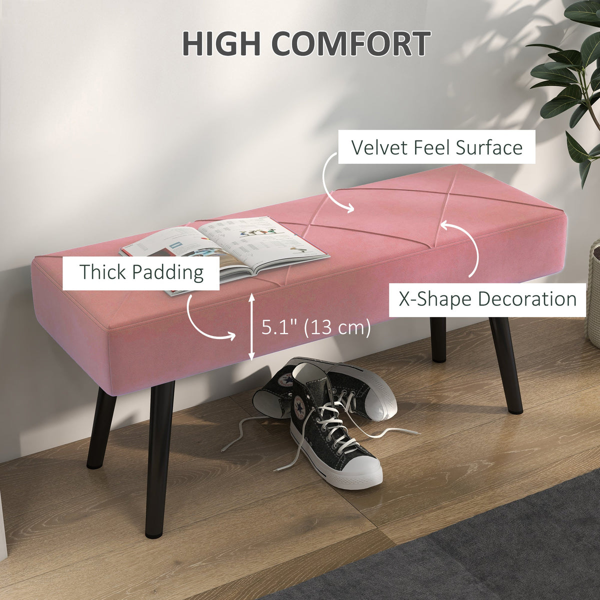 39 Inches Upholstered Bedroom Bench, Modern End of Bed Bench with Steel Legs, Cream White