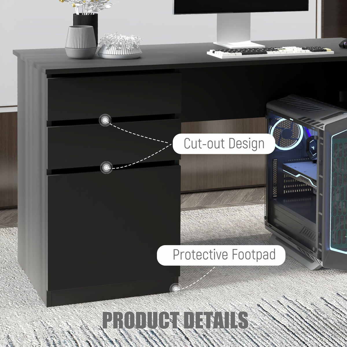 Modern Computer Desk, Home Office Desk for Study, Writing Workstation with Storage Drawer and Cabinet for Living Room, White