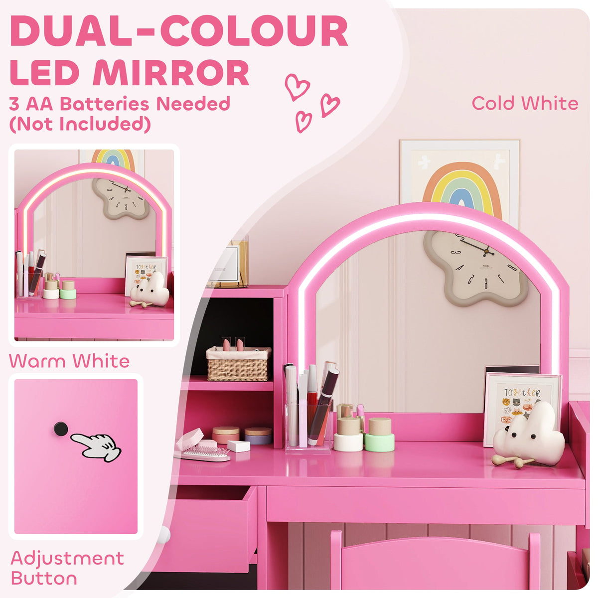 Kids Vanity Set, Toddler Dressing Table and Chair Set with Lighted Mirror, Cabinet, Drawer and Shelves, Pink