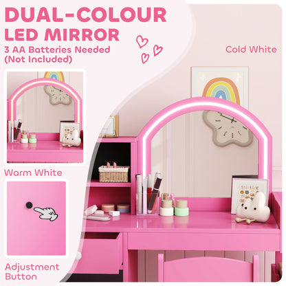 Kids Vanity Set, Toddler Dressing Table and Chair Set with Lighted Mirror, Cabinet, Drawer and Shelves, Pink