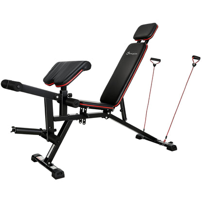 Adjustable Weight Bench with Wheels, Load 660LBS Workout Bench with Leg Extension, Preacher Curl and Resistance Bands