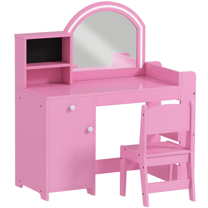 Kids Vanity Set, Toddler Dressing Table and Chair Set with Lighted Mirror, Cabinet, Drawer and Shelves, Pink