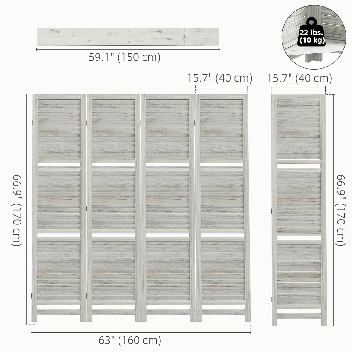 4-Panel Wall Partition Room Separator with 3 Storage Shelves Foldable Design Wooden Frame 5.6FT Distressed White