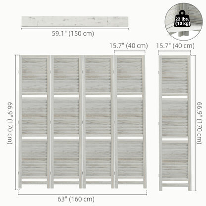 4-Panel Wall Partition Room Separator with 3 Storage Shelves Foldable Design Wooden Frame 5.6FT Distressed White