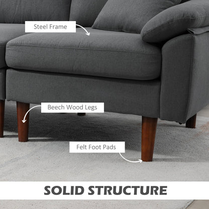 L-Shape Sofa, Modern Sectional Couch with Changeable Chaise Lounge, Pillows and Wooden Legs for Living Room, Dark Grey