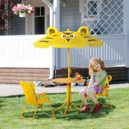Kids Folding Picnic Table and Chair Set Pattern Outdoor Garden Patio Backyard with Removable & Height Adjustable Sun Umbrella Brown