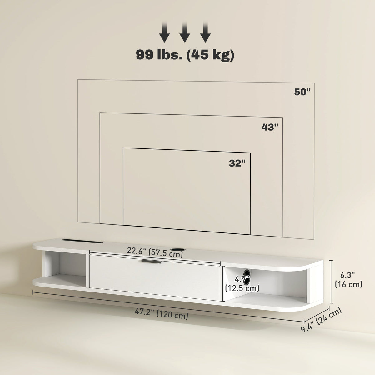 47" Floating TV Stand for TVs up to 50 Inch, Wall Mounted Media Console with Flip Drawer and 2 Open Shelves, Walnut