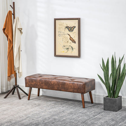 Bedroom Bench, End of Bed Bench with Button Tufted, PU Leather Upholstered Entryway Bench with Wood Legs, Brown
