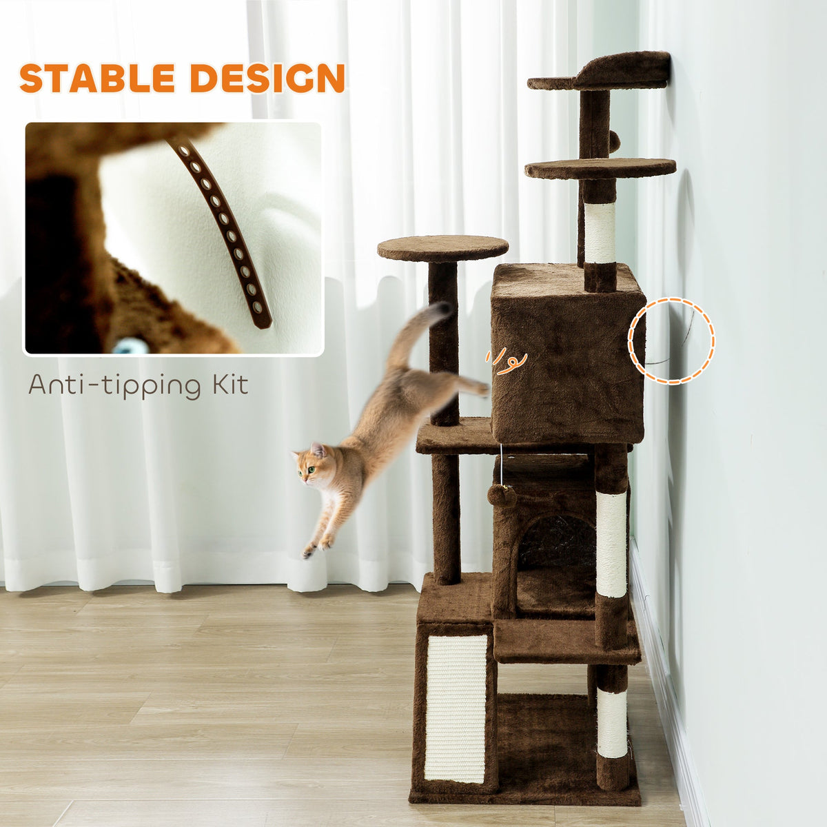54" Cat Tree, Multi-Level Cat Tower with Scratching Posts, Cat Condos, Bed, Platforms, Ramp, Toy Ball, Beige