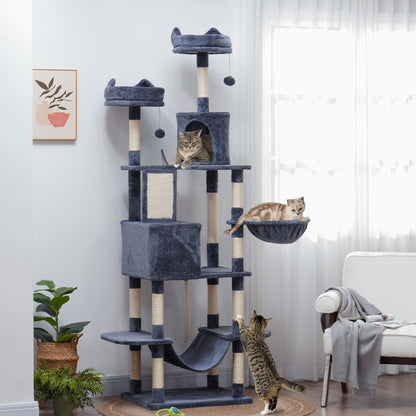 81" Large Cat Tree w/ Scratching Posts, Condos, Beds, Hammocks, Jumping Platforms, Toy Balls, Rope Cat Toy, Beige