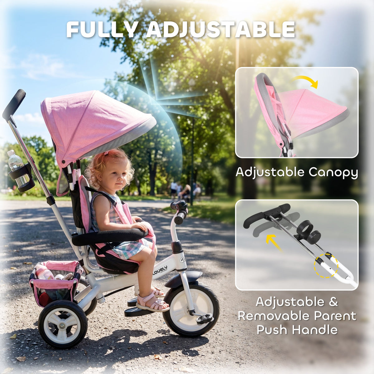 6 in 1 Toddler Tricycle Stroller with Basket, Canopy, 5-point Safety Harness, for 12-60 Months, Grey