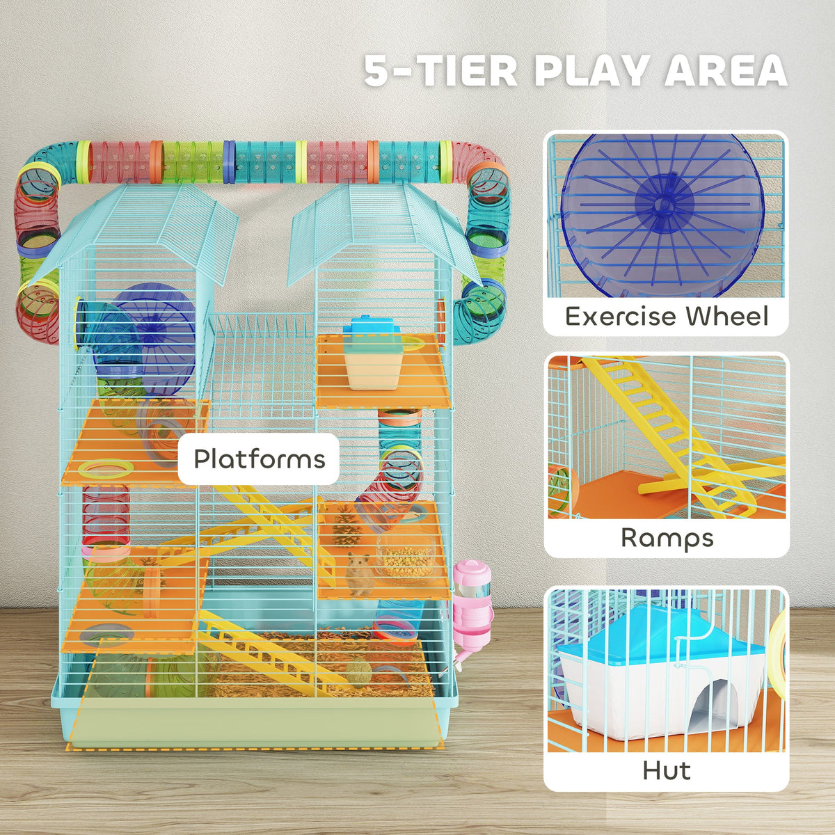 18.5" Hamster Cage, 5 Tiers Small Animal House with Tunnel Tube System, Exercise Wheel, Water Bottle, Blue
