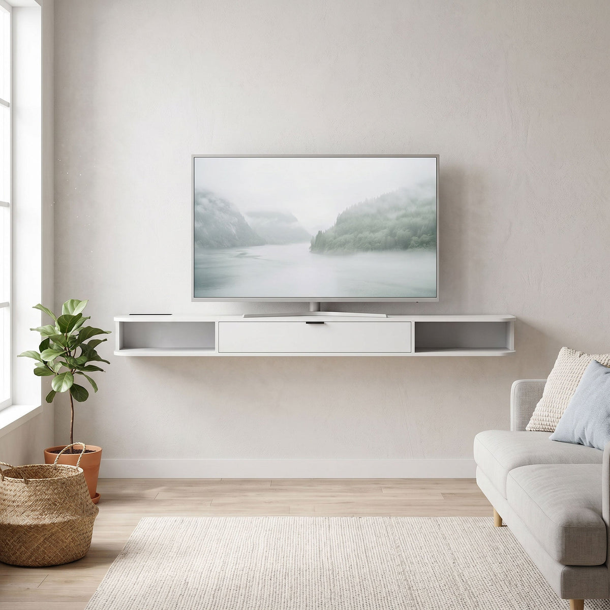 47" Floating TV Stand for TVs up to 50 Inch, Wall Mounted Media Console with Flip Drawer and 2 Open Shelves, Walnut