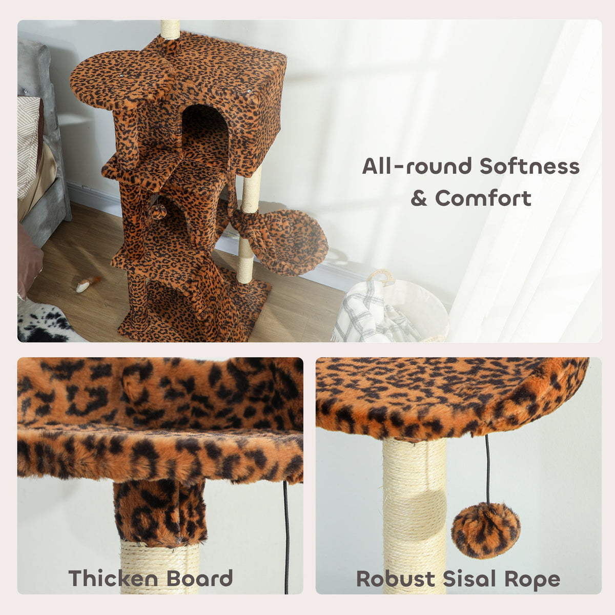 63 Inch Cat Tree with Sisal Scratching Posts, Condos, Plush Perches, Hammock, Ladder, Dangling Balls, Beige