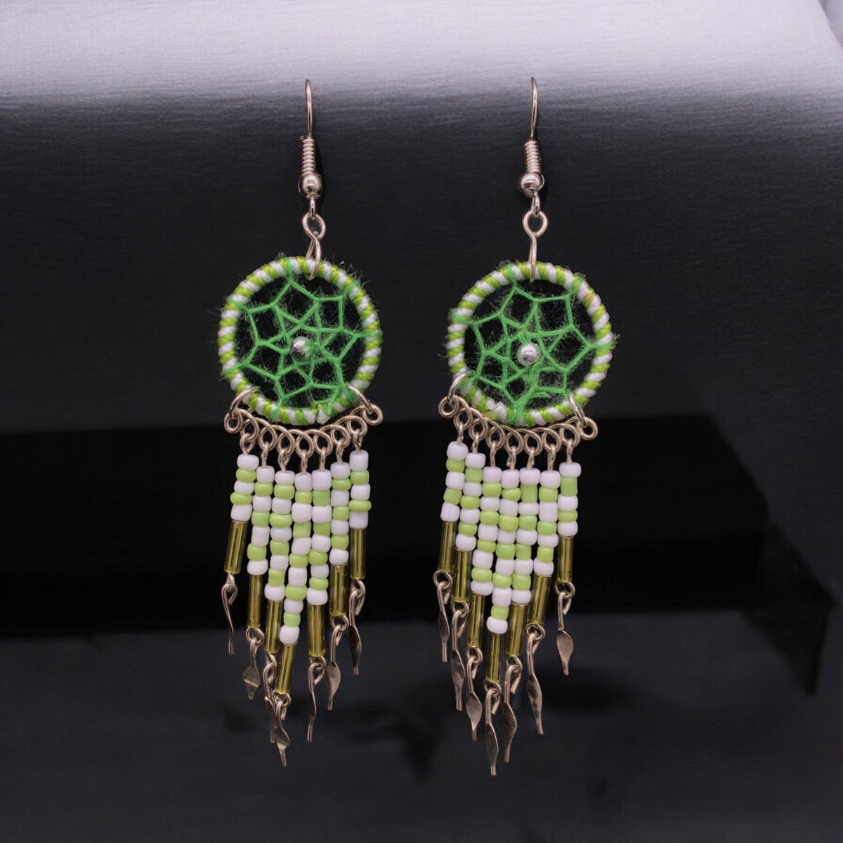 Green and White Beaded Dreamcatcher earrings