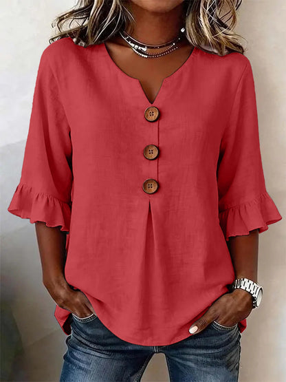 Summer Ruffled-Sleeve Top Loose Casual V-Neck Buttons Short-sleeved Shirts Women's Clothing
