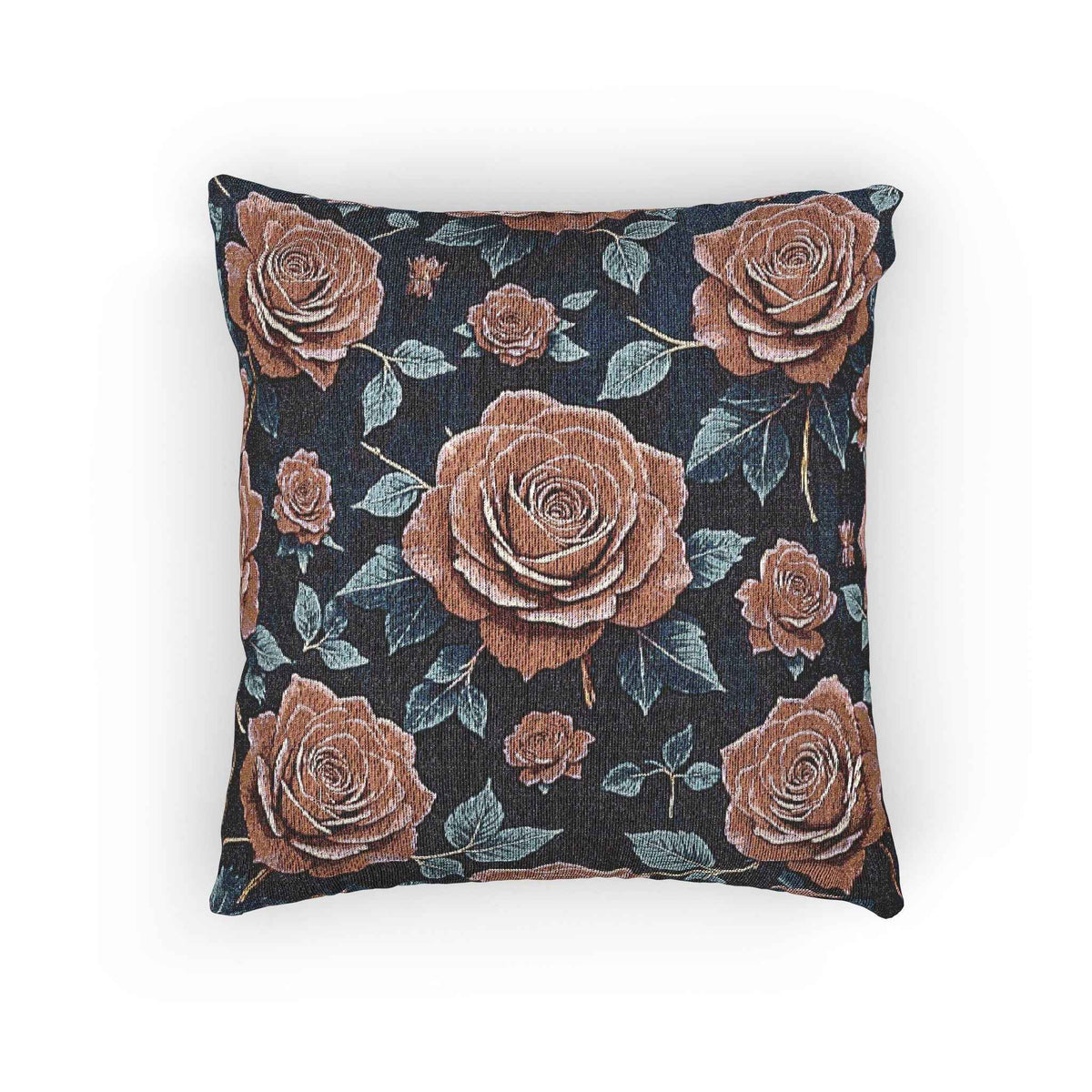 Vintage Rose Woven Pillow | Floral Needlepoint Style, Navy Background