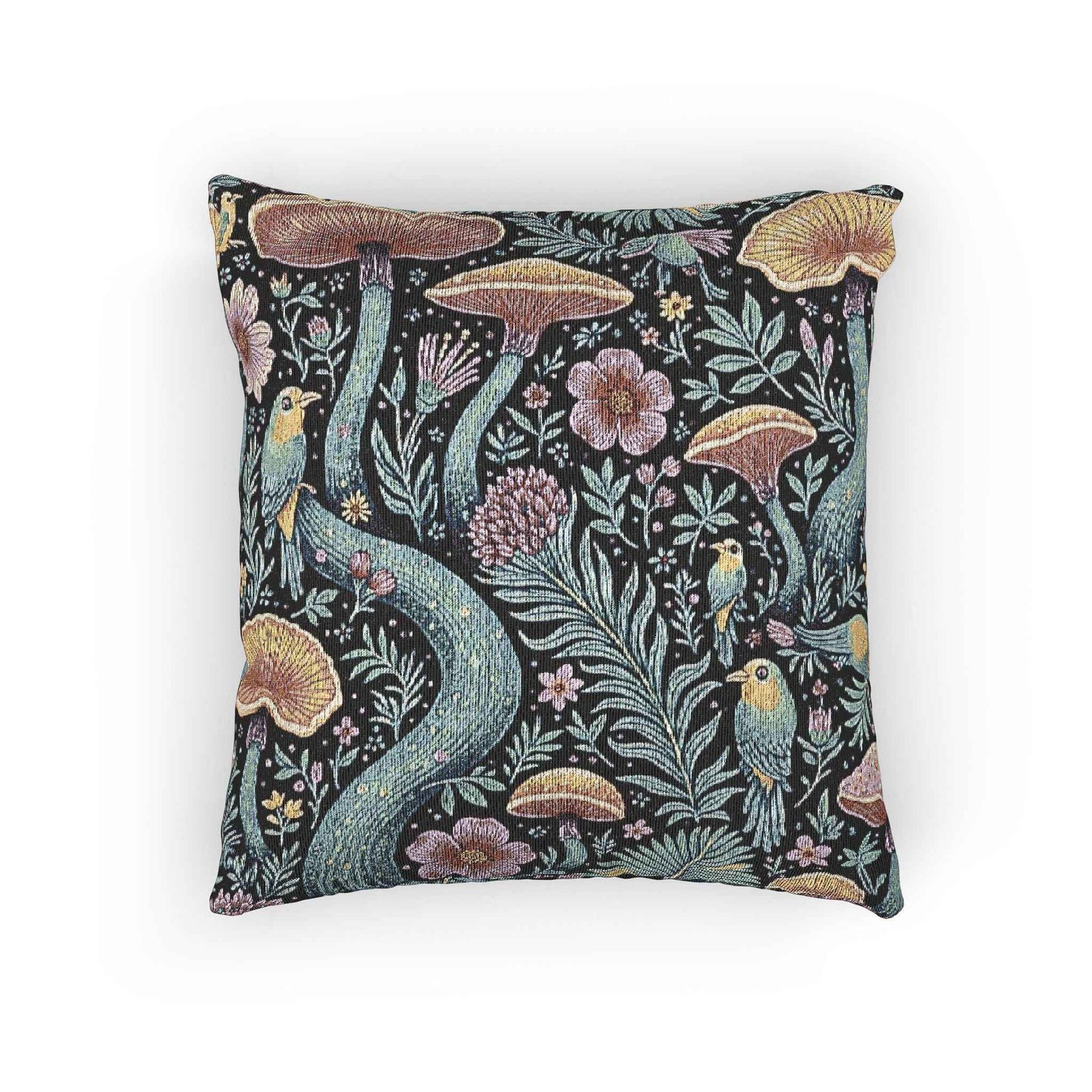 Mushroom and Fern Tapestry Pillow | Woven Decorative Throw Pillow