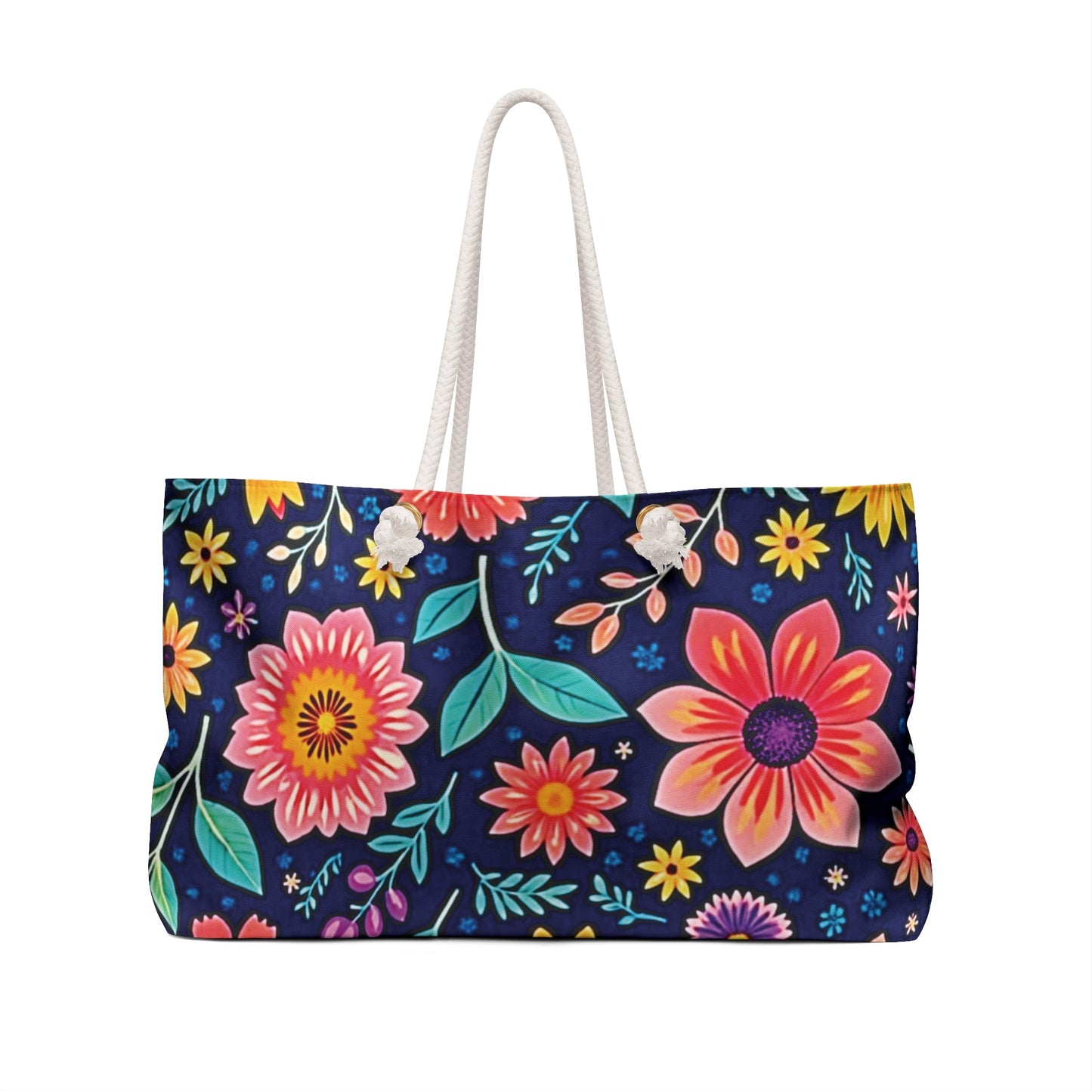 Floral Weekender Bag — Vibrant Navy Flower Travel Tote