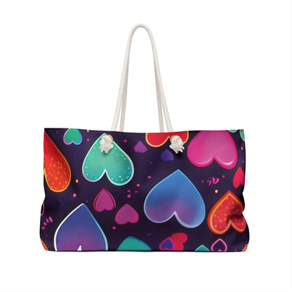 Neon Rainbow Hearts Weekender Bag | Colorful Heart Pattern Tote