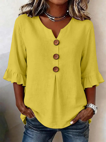 Summer Ruffled-Sleeve Top Loose Casual V-Neck Buttons Short-sleeved Shirts Women's Clothing